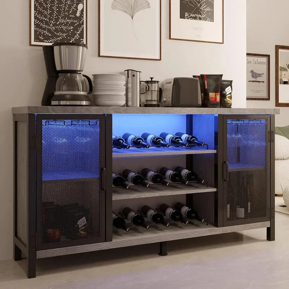 LED Adjustable Rustic Home Wine Bar Cabinet with 2 Hinged Doors