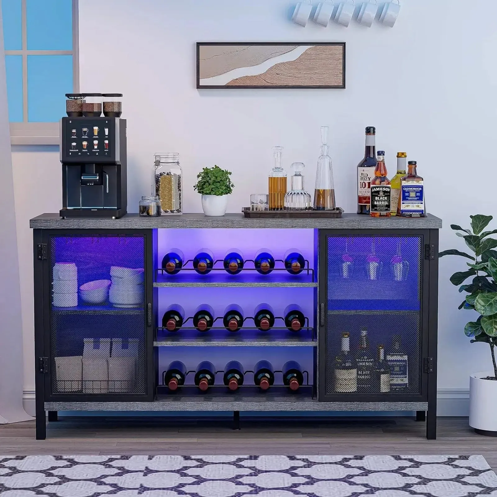 LED Adjustable Rustic Home Wine Bar Cabinet with 2 Hinged Doors