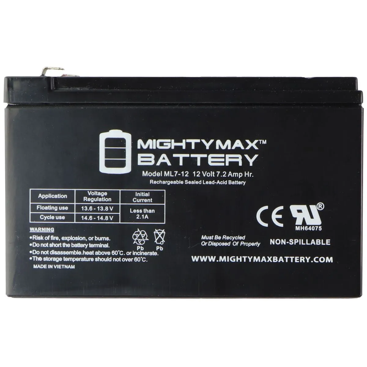 MightyMax ML7-12 - 12 Volt 7.2 AH, F1 Terminal, Rechargeable SLA AGM Battery