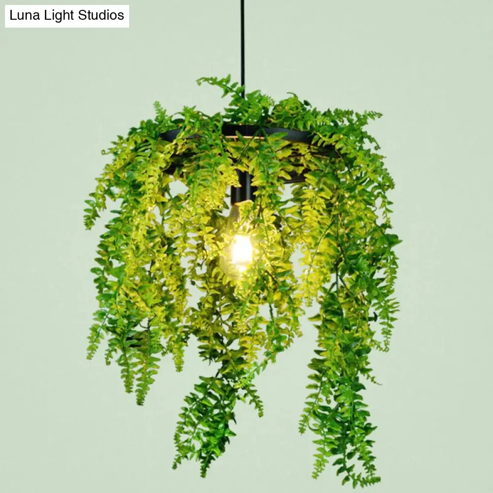 Modern Industrial Metal Hanging Lamp with Green Fake Plant, Perfect for Music Bars and Ceilings
