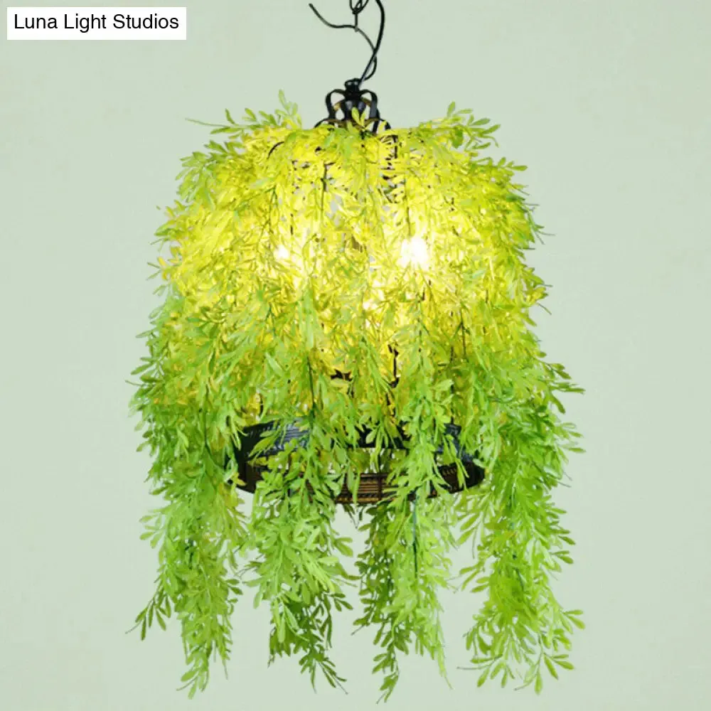 Modern Industrial Metal Hanging Lamp with Green Fake Plant, Perfect for Music Bars and Ceilings