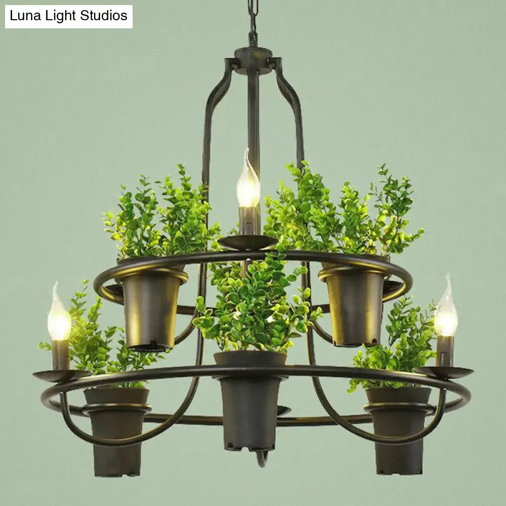 Modern Industrial Metal Hanging Lamp with Green Fake Plant, Perfect for Music Bars and Ceilings