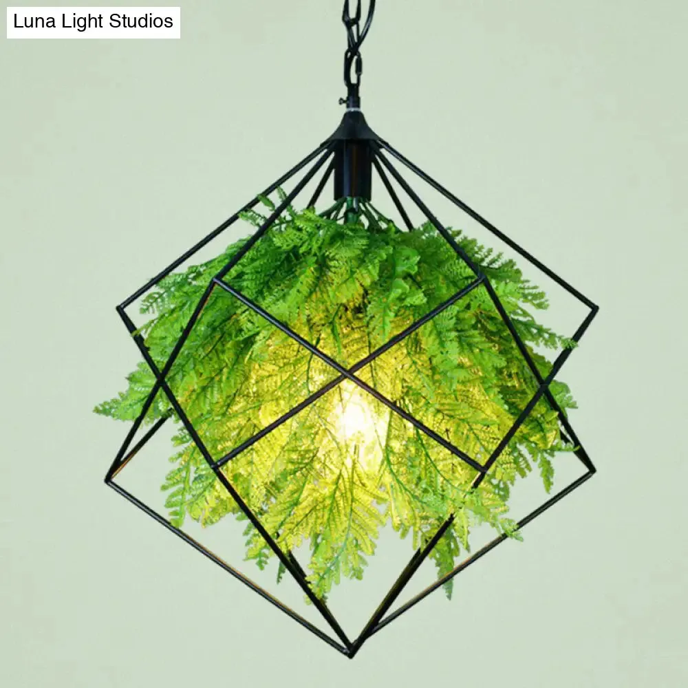 Modern Industrial Metal Hanging Lamp with Green Fake Plant, Perfect for Music Bars and Ceilings
