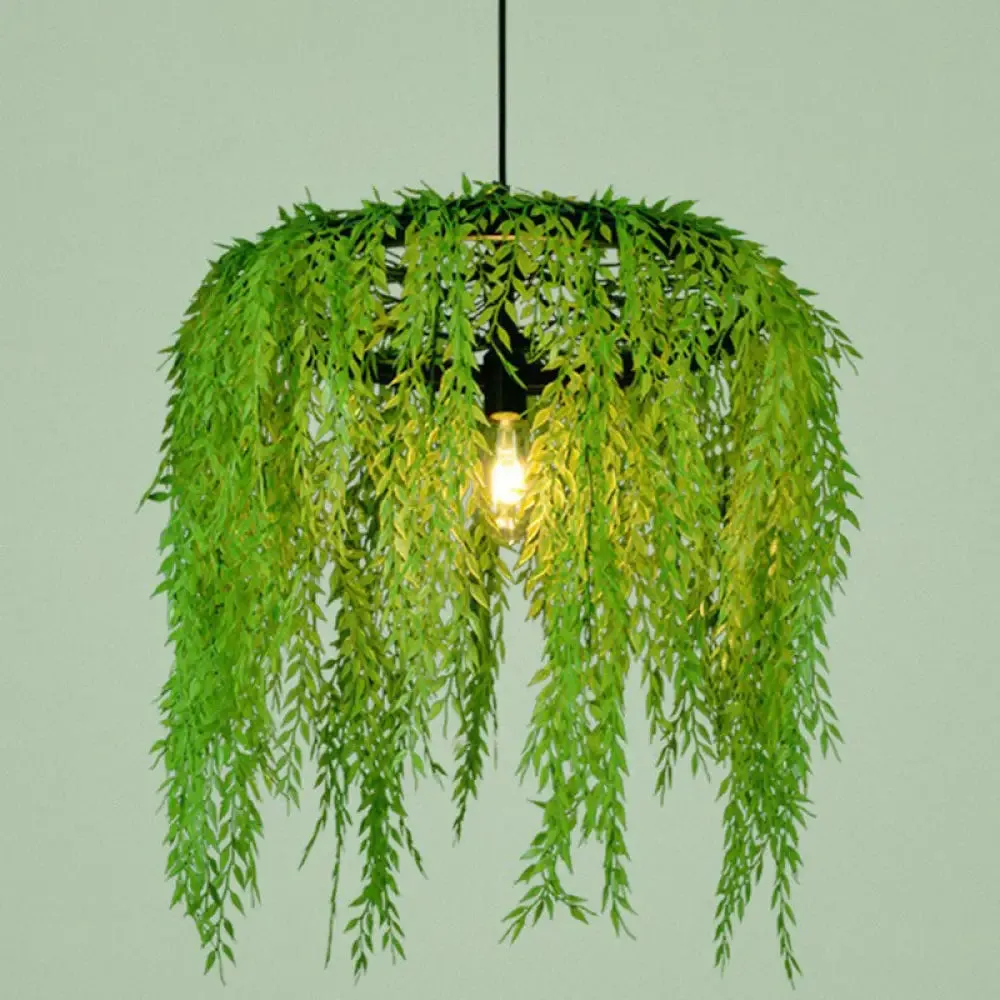 Modern Industrial Metal Hanging Lamp with Green Fake Plant, Perfect for Music Bars and Ceilings