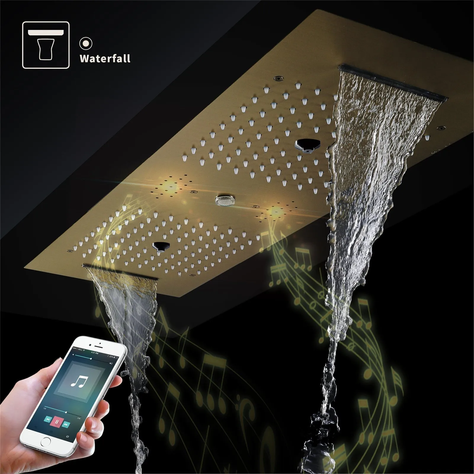 Multnomah| 36" In Dual Showerhead Complete Led Music Shower Set  6 Body Jets 2x Wall Mounted Rainfall Showerhead
