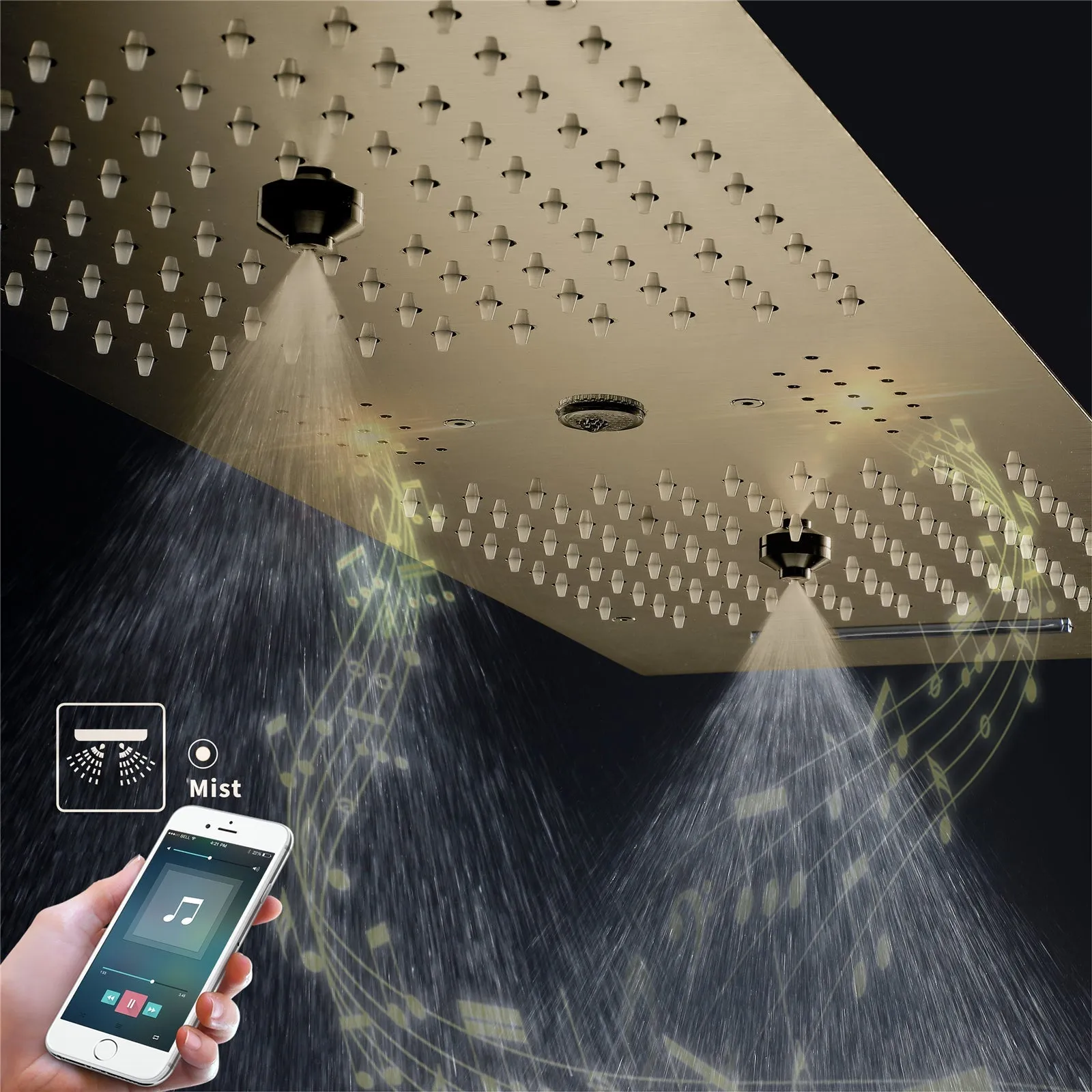 Multnomah| 36" In Dual Showerhead Complete Led Music Shower Set  6 Body Jets 2x Wall Mounted Rainfall Showerhead