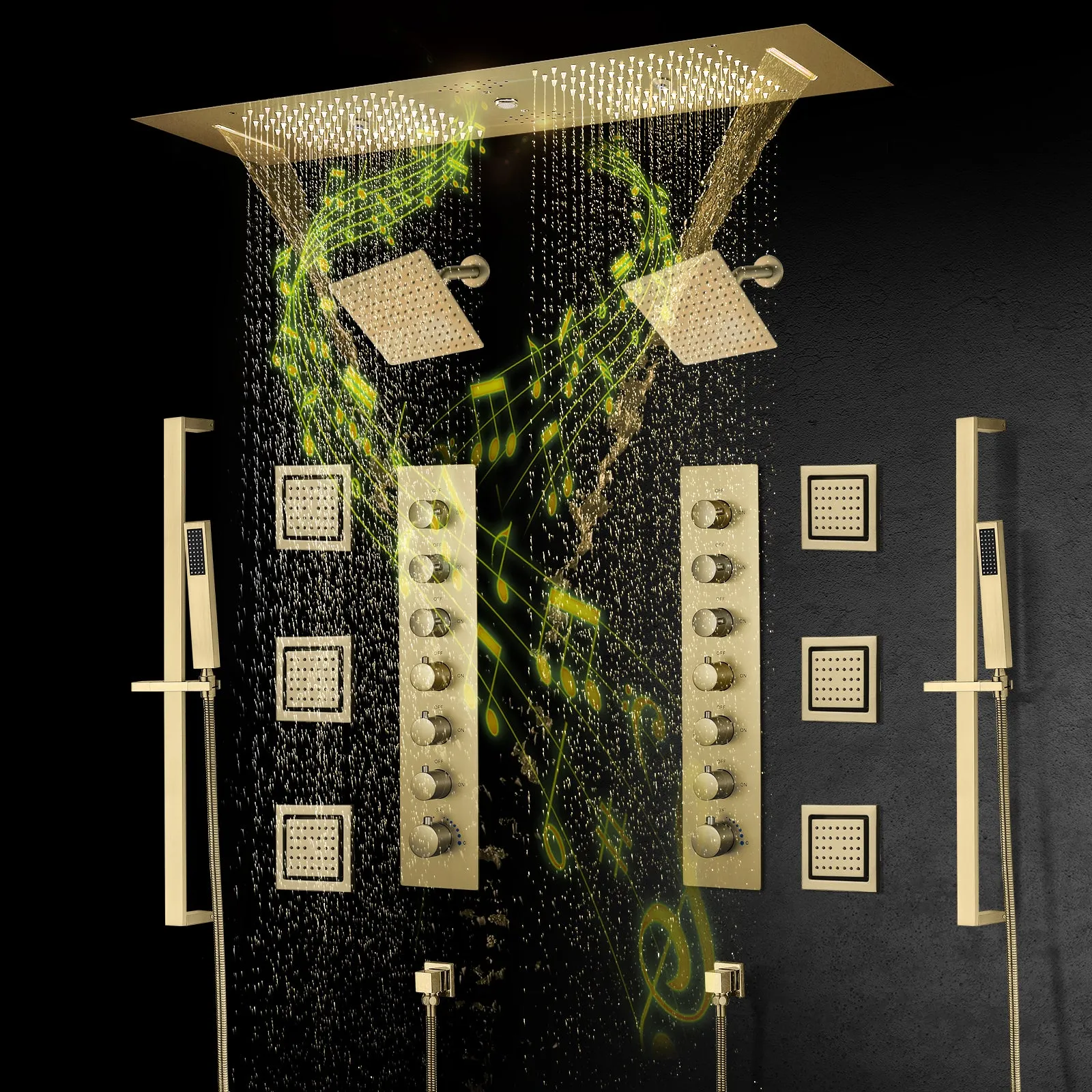 Multnomah| 36" In Dual Showerhead Complete Led Music Shower Set  6 Body Jets 2x Wall Mounted Rainfall Showerhead