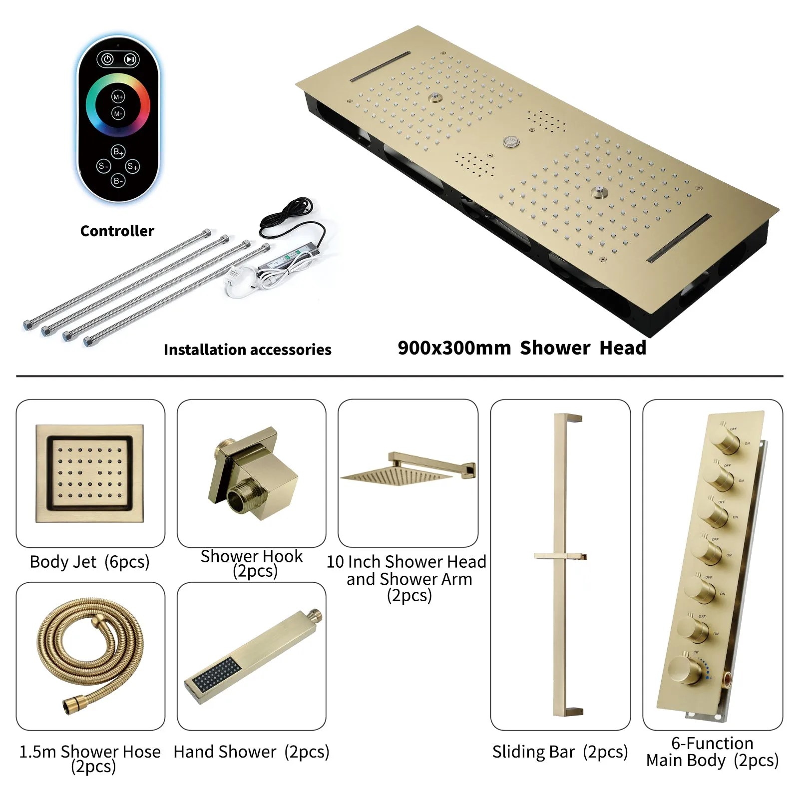 Multnomah| 36" In Dual Showerhead Complete Led Music Shower Set  6 Body Jets 2x Wall Mounted Rainfall Showerhead