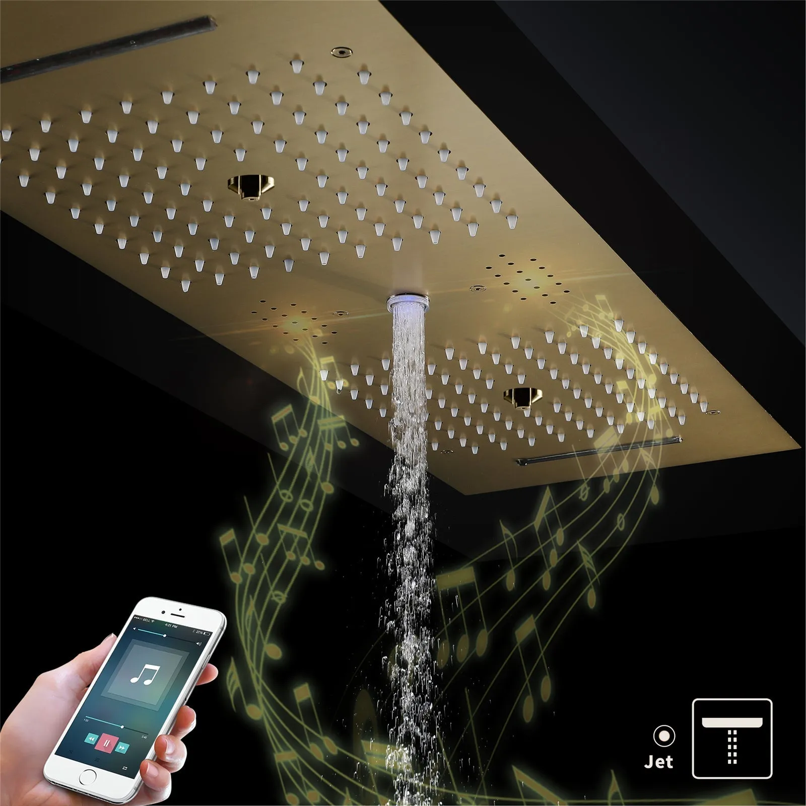 Multnomah| 36" In Dual Showerhead Complete Led Music Shower Set  6 Body Jets 2x Wall Mounted Rainfall Showerhead