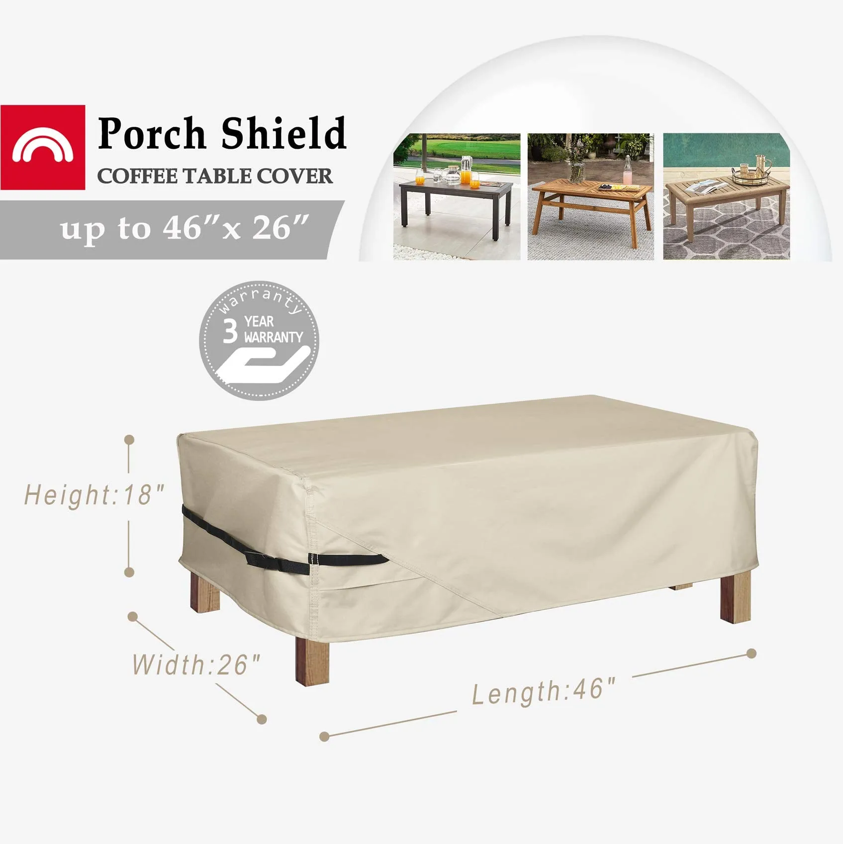 Porch Shield Patio Coffee Table Cover - Waterproof Outdoor Furniture Rectangular Small Table Covers 46 x 26 inch, Beige