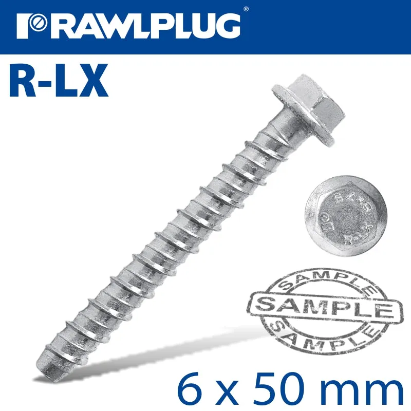RAWLPLUG CONCRETE SCREWBOLT 6X50MM HEX HEAD WITH FLANGE GALVANIZED BOX OF  100 RAW R-LX-06X050-HF-ZP