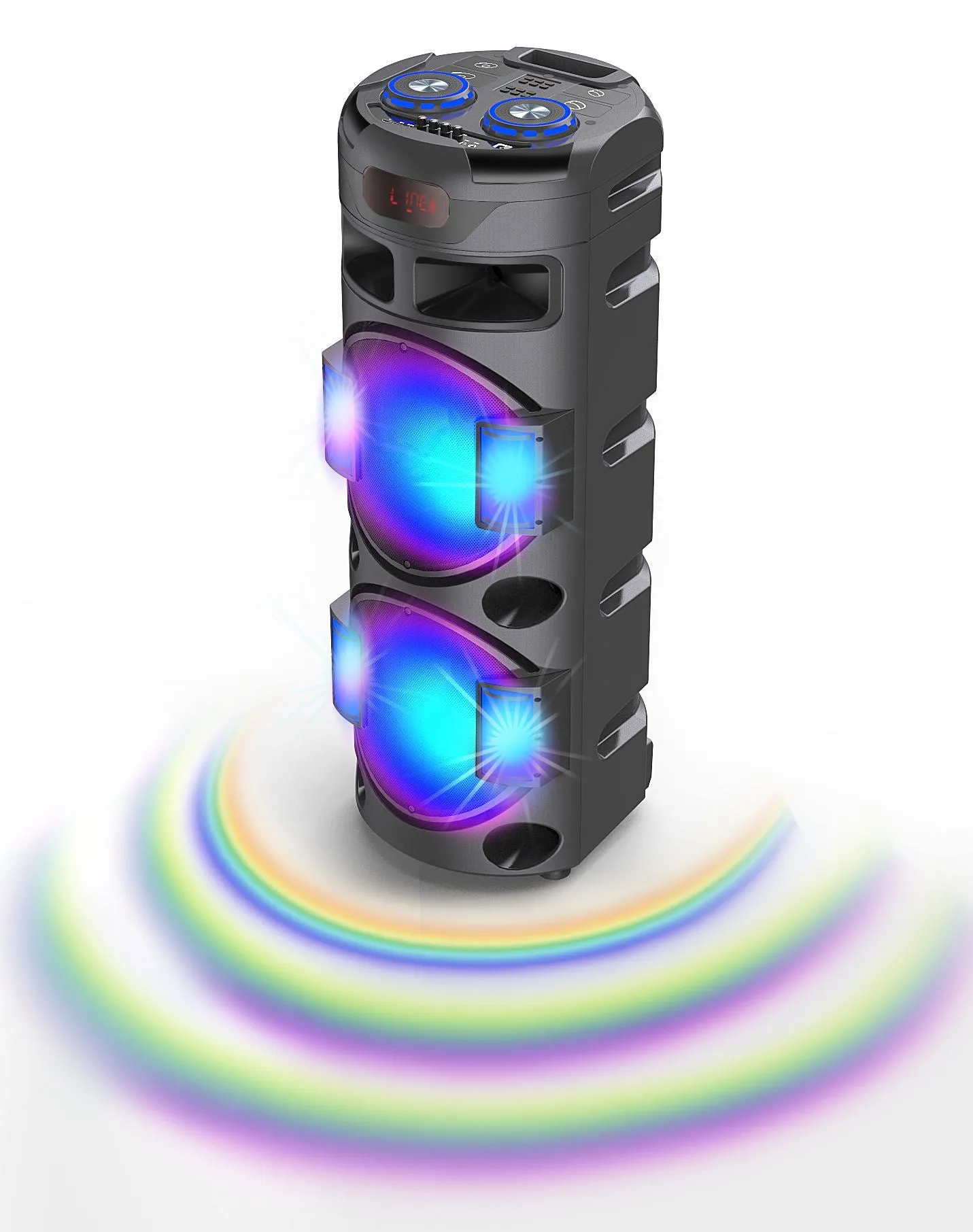 Rechargeable Bluetooth LED Double 12" Barrel Speaker with DJ Effects and Integrated Drum Set