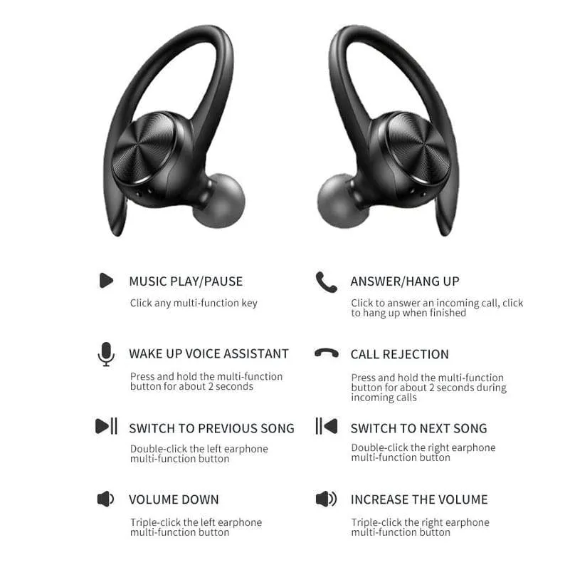 Sports Bluetooth Wireless Headphones with Mic IPX5 Waterproof Ear Hooks Earphones