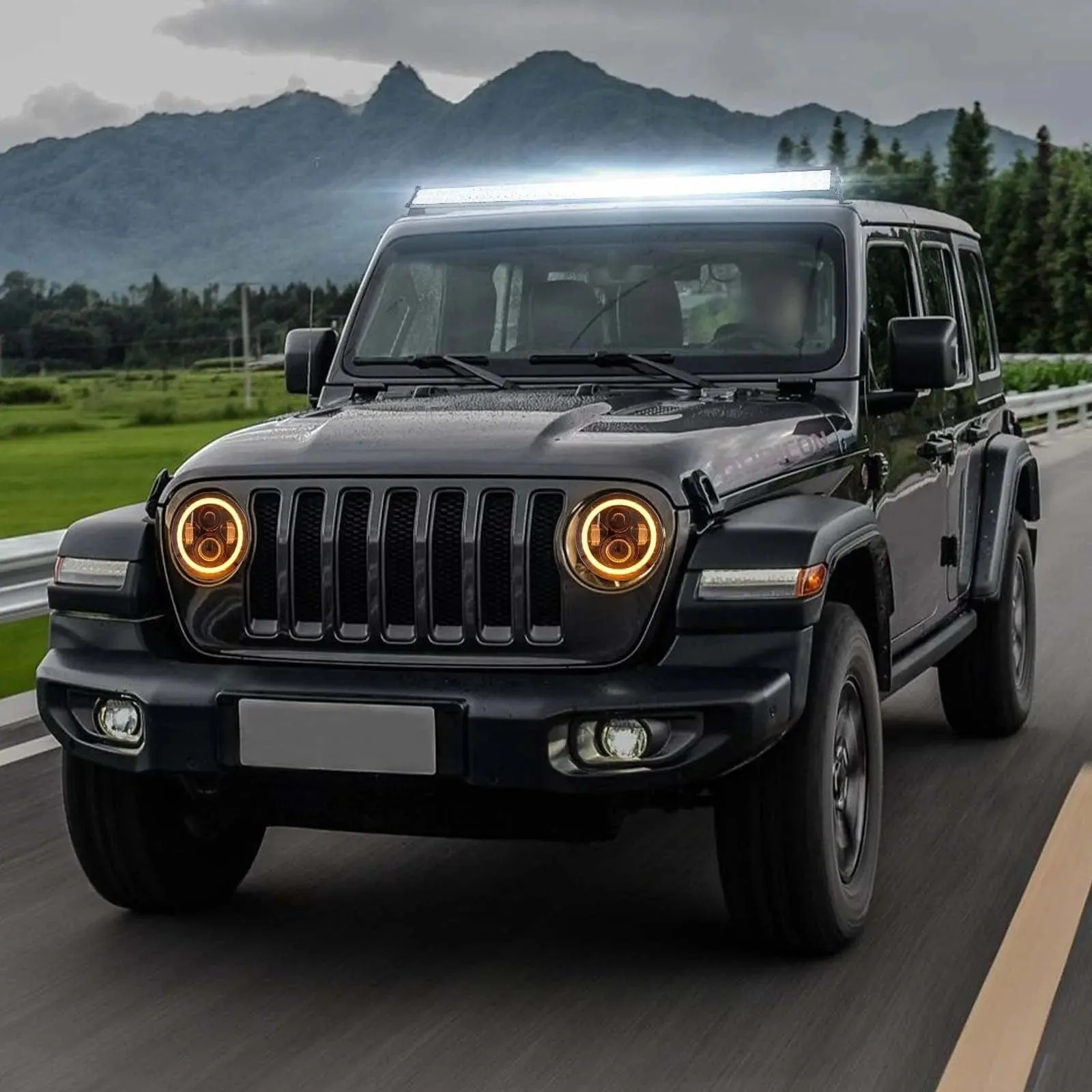 Suparee 9" LED RGBW Jeep Headlights & 52" Light Bar for Wrangler JL Gladiator JT
