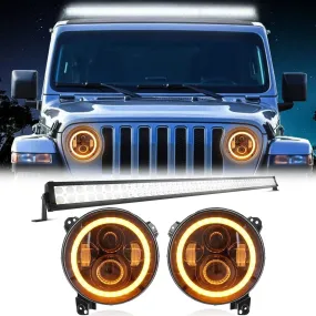 Suparee 9" LED RGBW Jeep Headlights & 52" Light Bar for Wrangler JL Gladiator JT