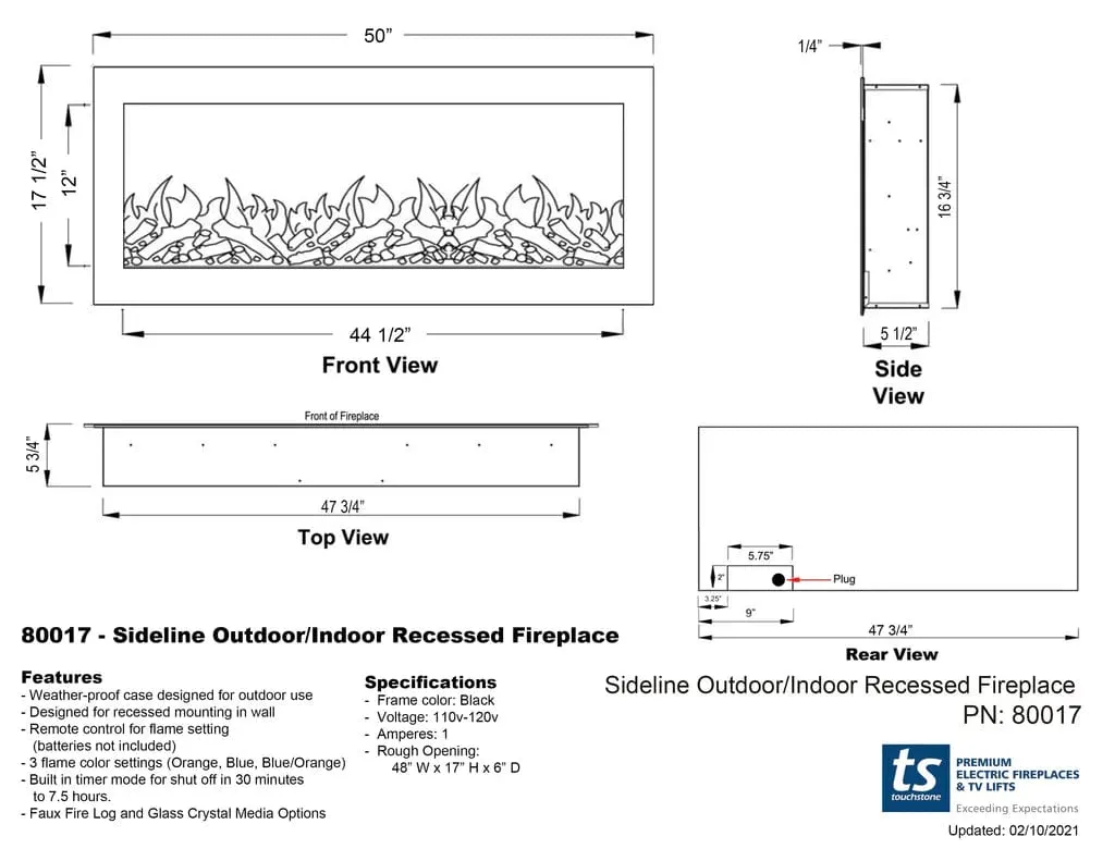 The Sideline Outdoor/Indoor 50 Inch Recessed/Wall Mounted Electric Fireplace (No Heat) 80017