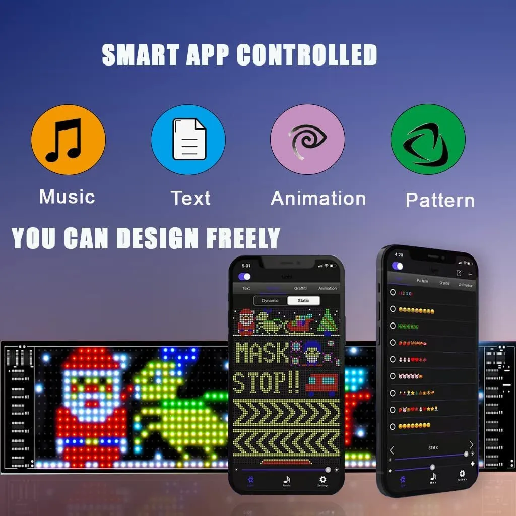 Timelux LED Matrix Panel Bluetooth APP Control USB 5V Flexible LED Screen Scrolling Text Pattern Animation LED Sign Display for Car Windows, Shop, Bar and Entrance Sign.