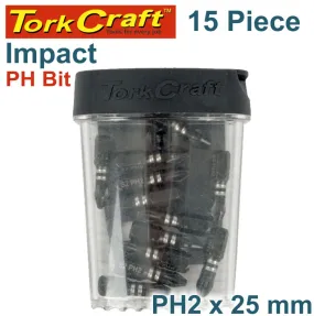 TORK CRAFT IMPACT PHIL.2 X 25MM INSERT BIT 15PC TIC TAC CASE PH2 TCIPH022515