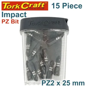 TORK CRAFT IMPACT POZI.2 X 25MM INSERT BIT 15PC TIC TAC CASE PZ2 TCIPZ022515