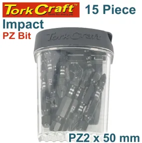 TORK CRAFT IMPACT POZI.2 X 50MM INSERT BIT 15PC TIC TAC CASE PZ2 TCIPZ025015