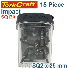 TORK CRAFT IMPACT SQUARE RECESS BIT NO2 25MM 15PC TIC TAC CASE SQ2 TCISQ022515