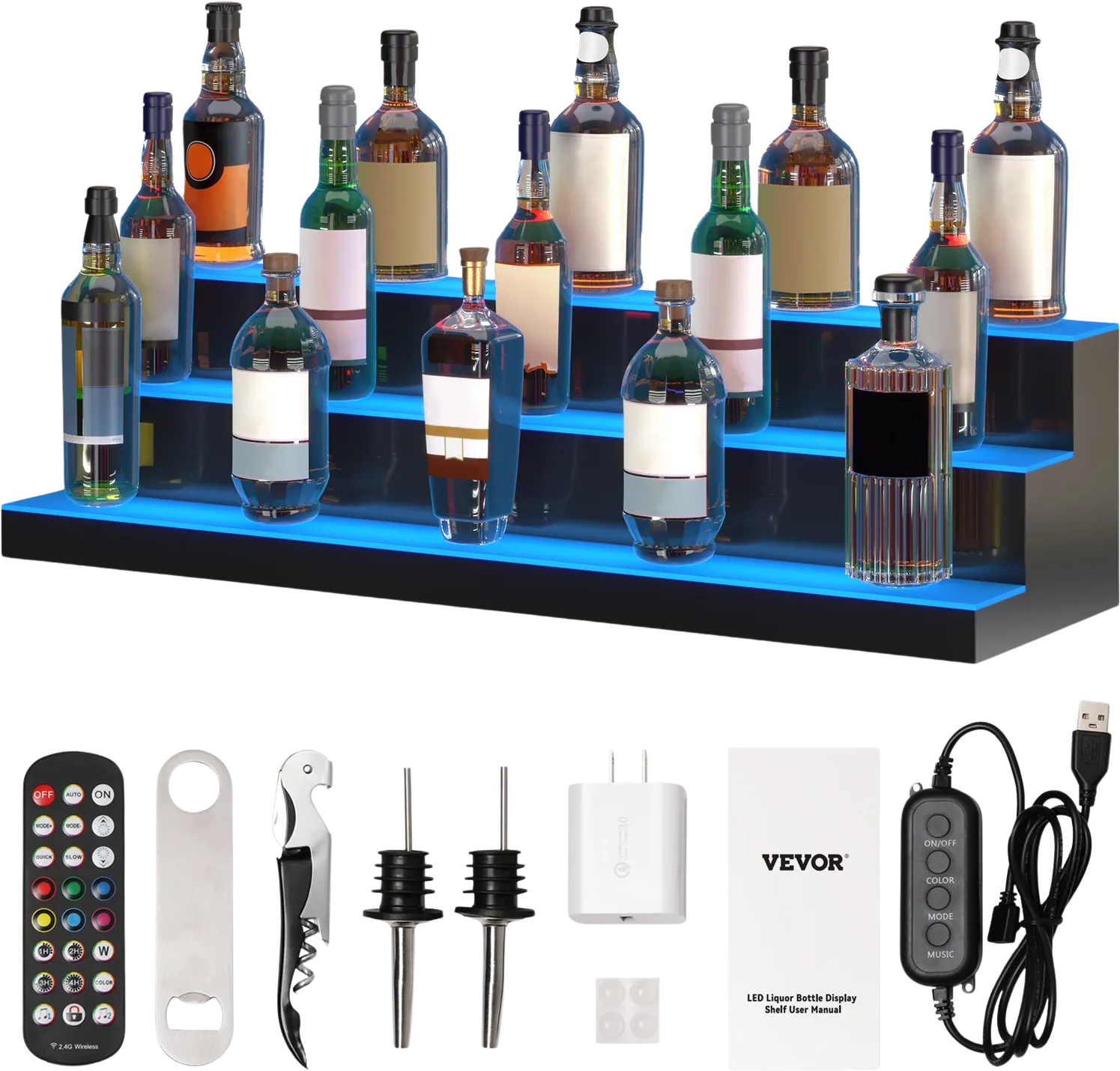 Vevor Liquor Bottle Bar Display Shelf 40" 3-Step LED Lighted 7 Static Colors with App Control New