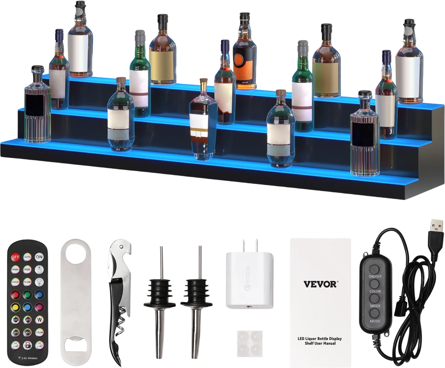 Vevor Liquor Bottle Bar Display Shelf 60" 3-Step LED Lighted 7 Static Colors with App Control New