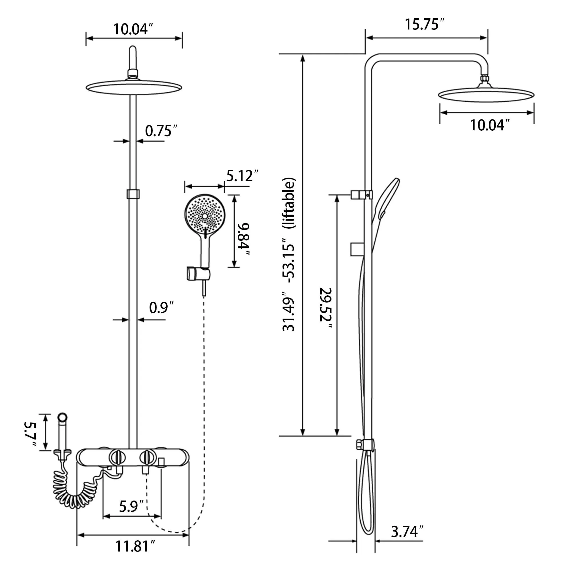 Wall Mount 4-Function Exposed Shower System with Bidet Sprayer and Tub Spout Including Valve