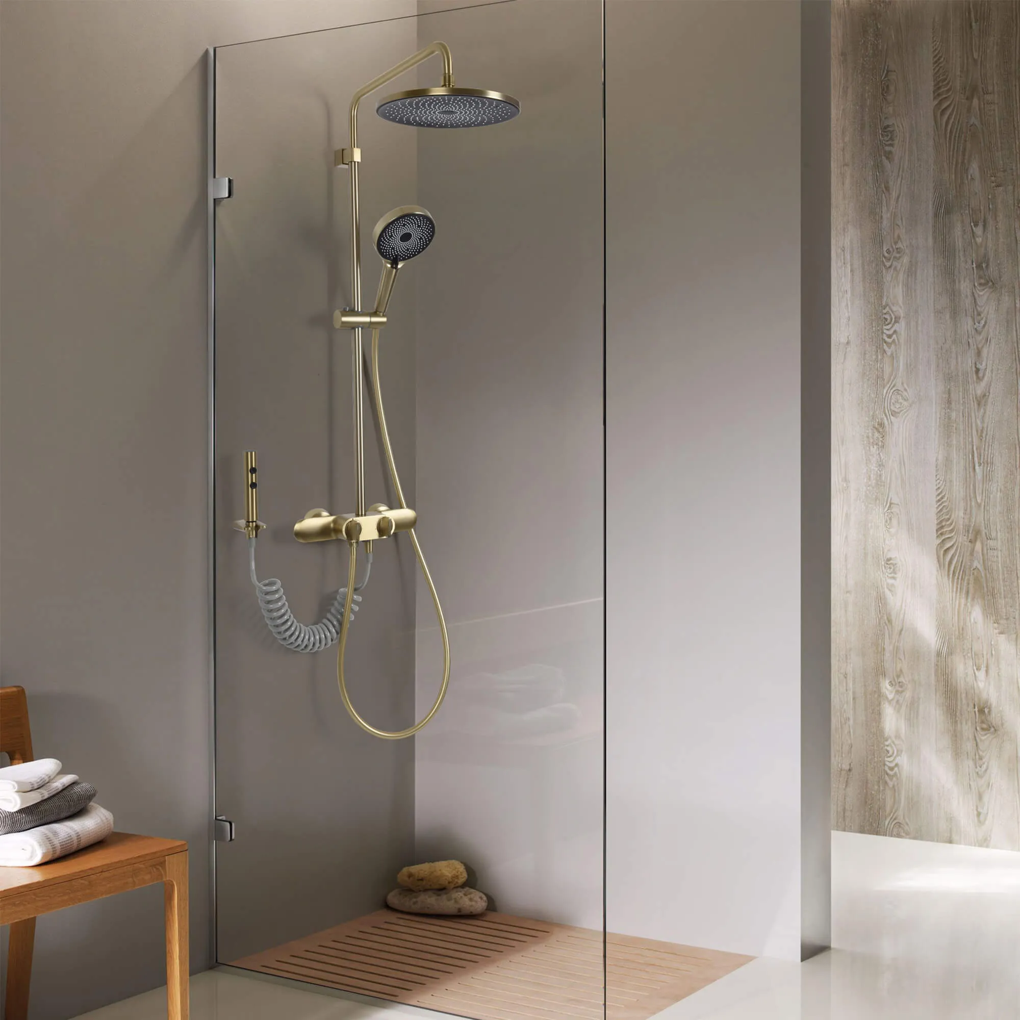 Wall Mount 4-Function Exposed Shower System with Bidet Sprayer and Tub Spout Including Valve